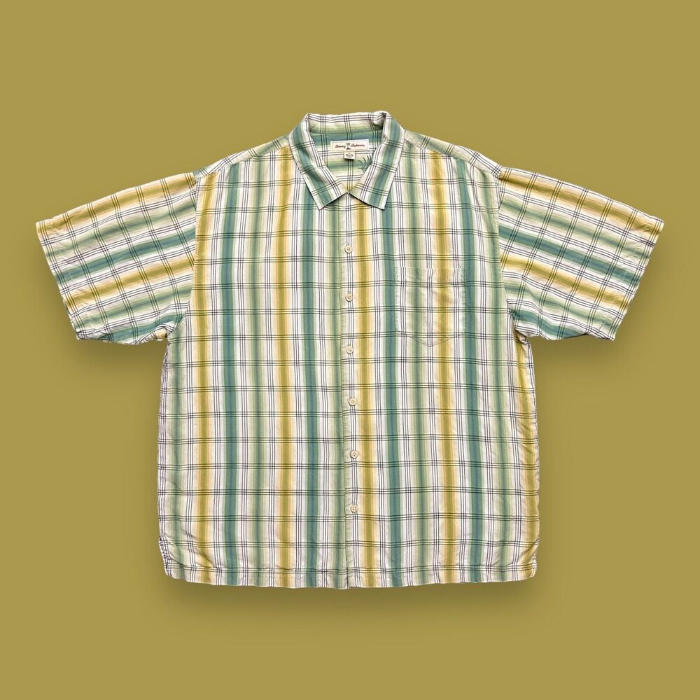 Vintage Tommy Bahama Silk Shirt Plaid Button Up Collared Top XL Bowling Camp